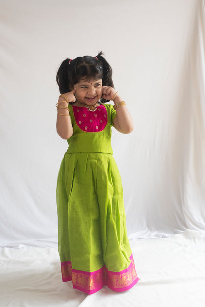 Padmakshi Pattu Pavadai | Lime Green & Rani Pink
