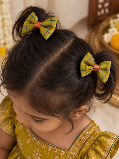 Ethnic Green Checks Bow Clips ( 1 Pair )