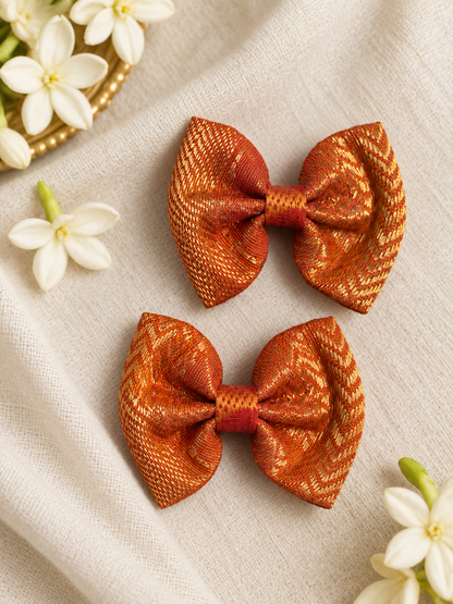Ethnic Orange Gold Bow Clips ( 1 Pair )