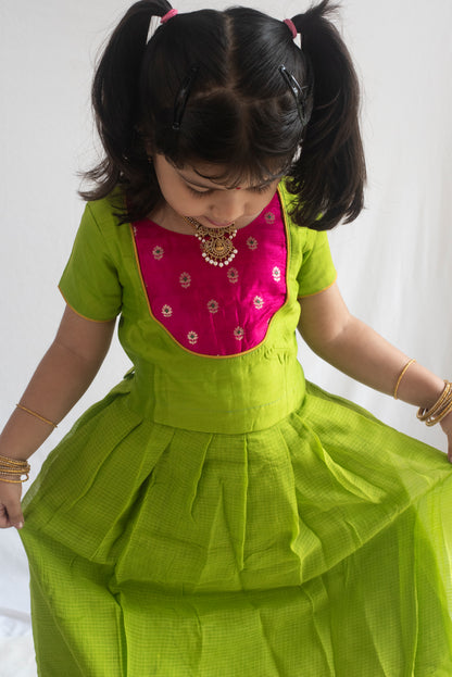 Padmakshi Pattu Pavadai | Lime Green & Rani Pink