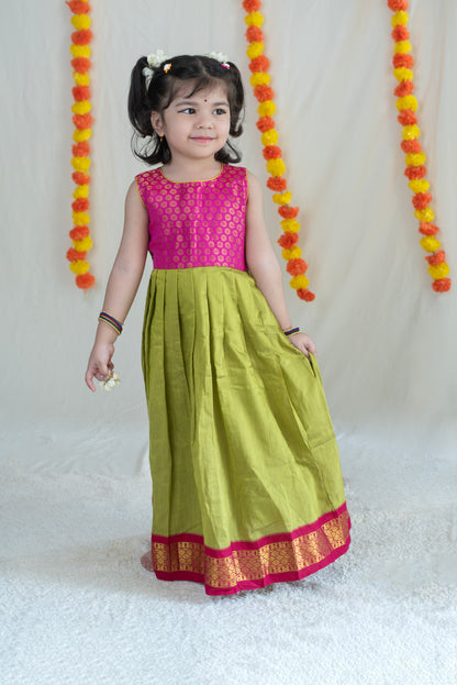 Parrot Green & Pink Silk Cotton Dress