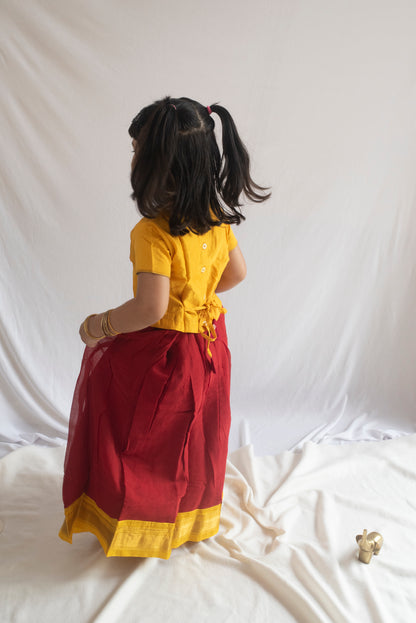 Katyayani Pattu Pavadai | Deep Red and Mango Yellow