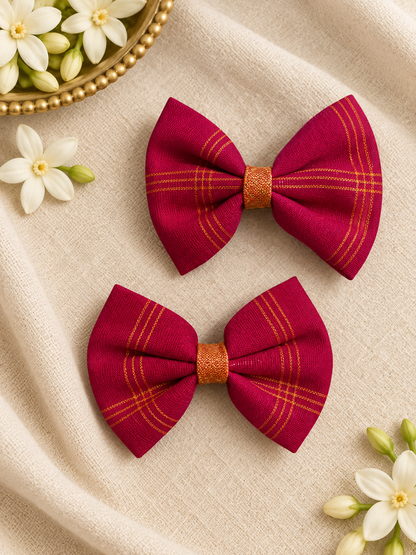 Ethnic Pink Checks Bow Clips ( 1 Pair )