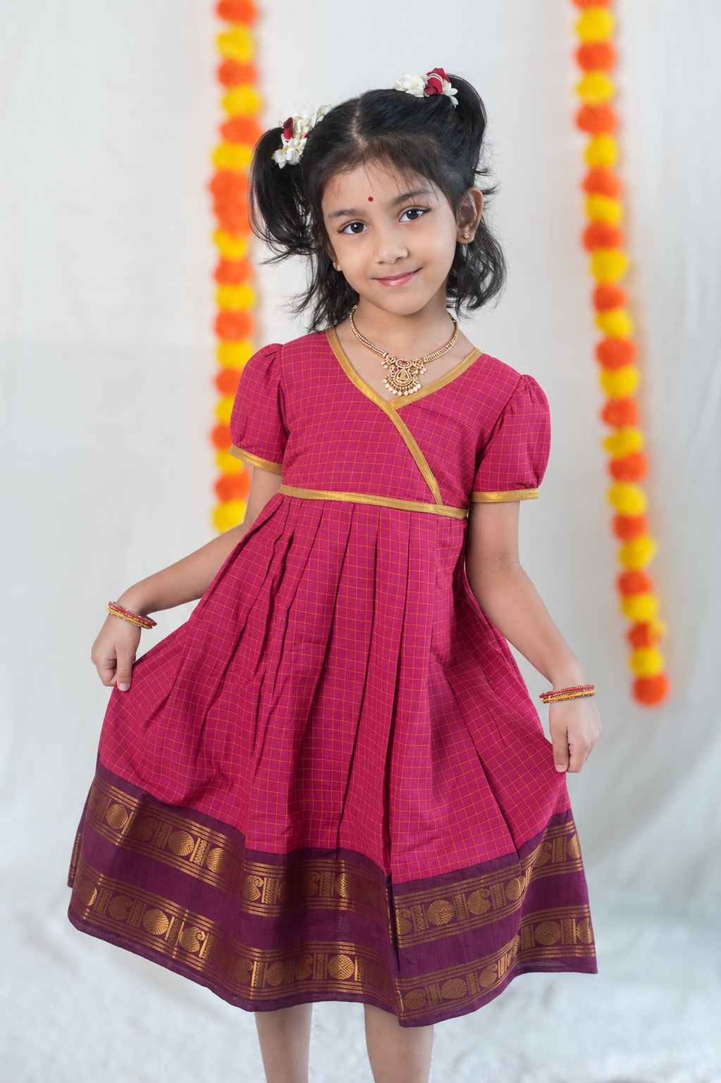 Vintage Pink Chettinad Cotton Dress with Dark Magenta Border