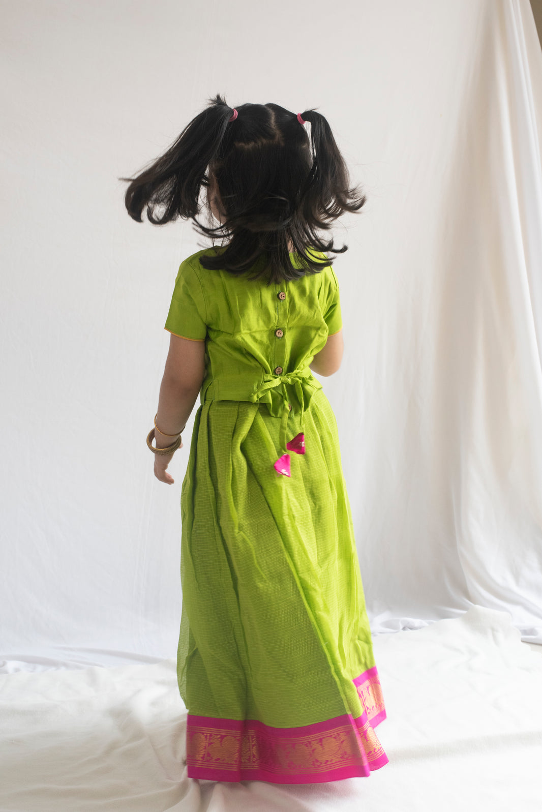 Padmakshi Pattu Pavadai | Lime Green & Rani Pink
