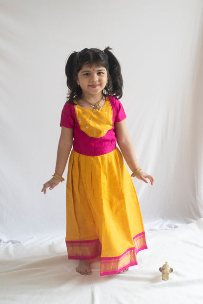 Gauri Pattu Pavadai | Peach & Orange