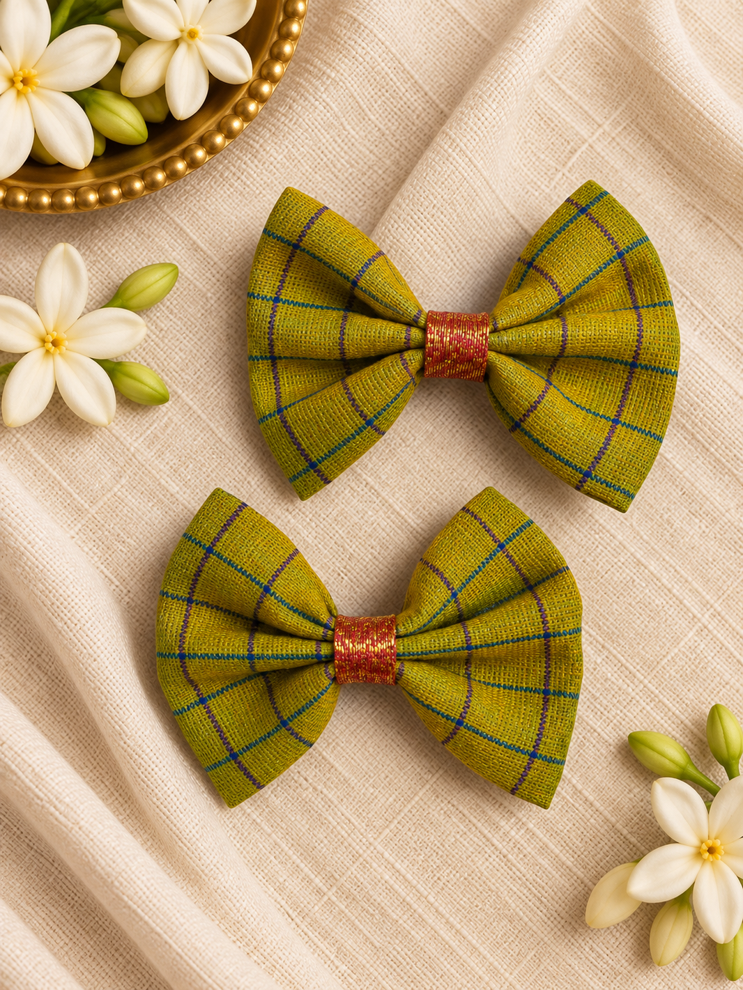 Ethnic Green Checks Bow Clips ( 1 Pair )