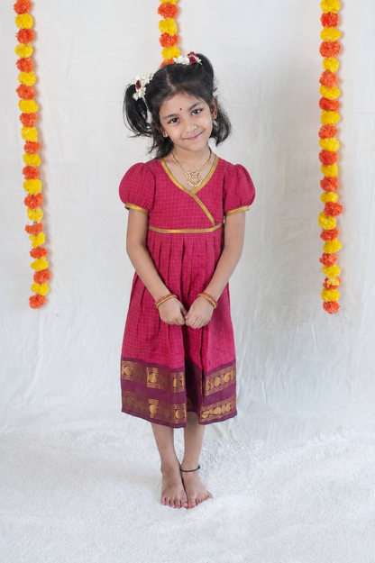 Vintage Pink Chettinad Cotton Dress with Dark Magenta Border