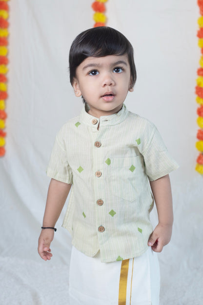 Pastel Green Shirt + Cream Veshti Set