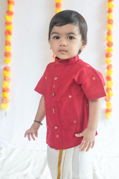 Red Butta Shirt + Cream Veshti Set