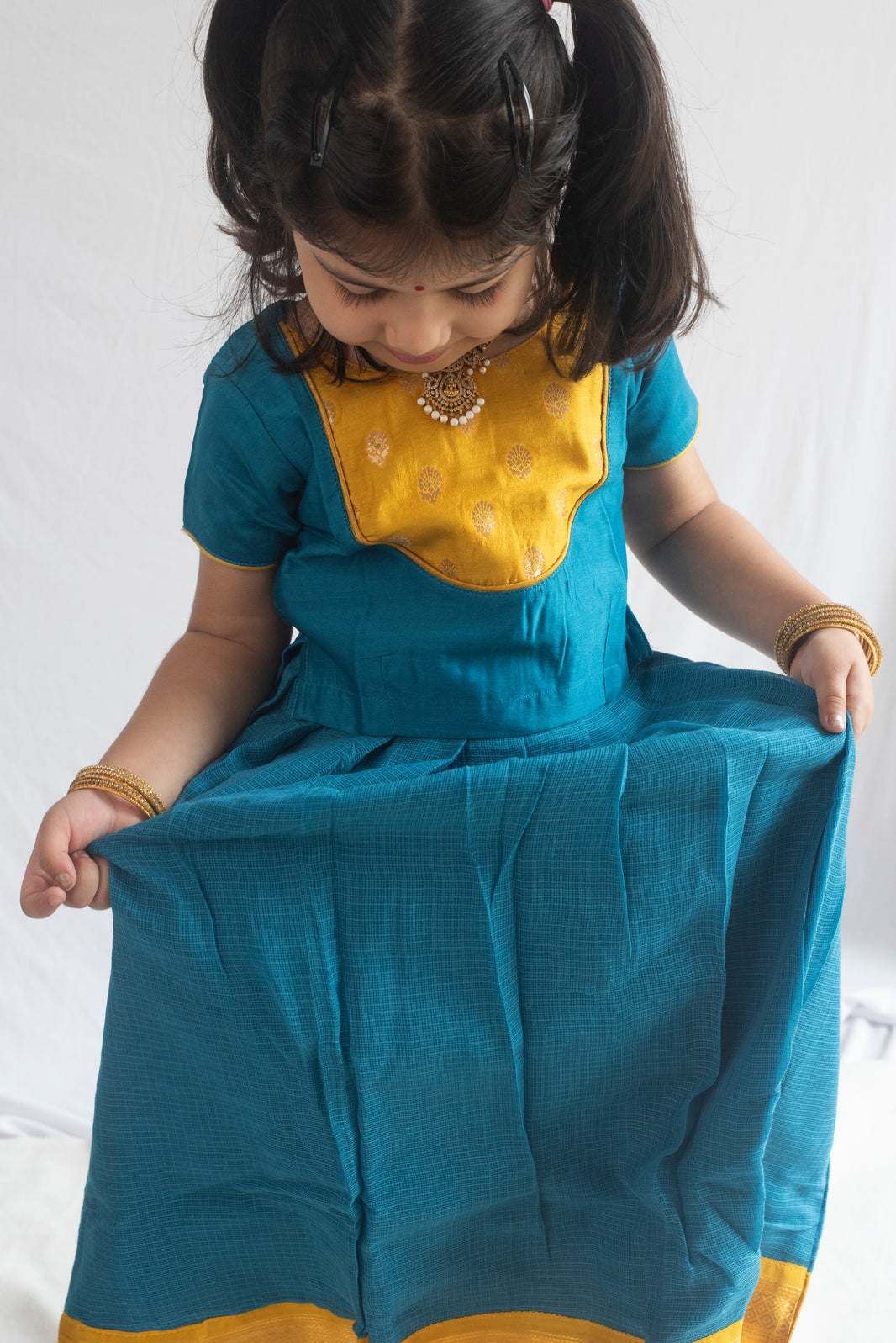 Narayani Pattu Pavadai | Teal Blue & Gold