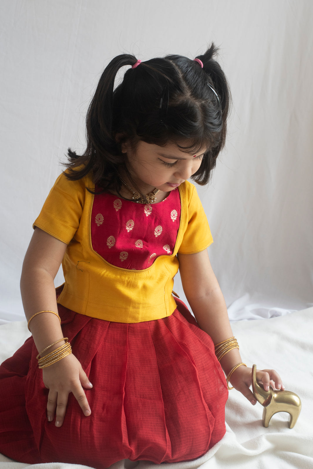 Katyayani Pattu Pavadai | Deep Red and Mango Yellow