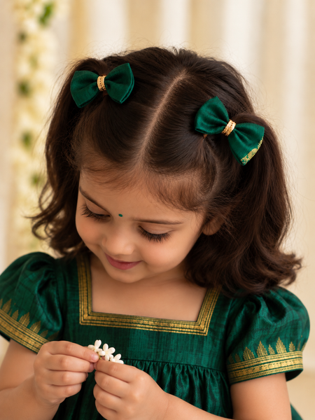Ethnic Bottle Green Bow Clips ( 1 Pair )