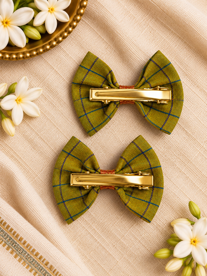 Ethnic Green Checks Bow Clips ( 1 Pair )