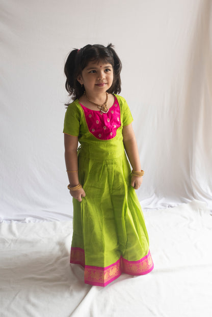 Padmakshi Pattu Pavadai | Lime Green & Rani Pink