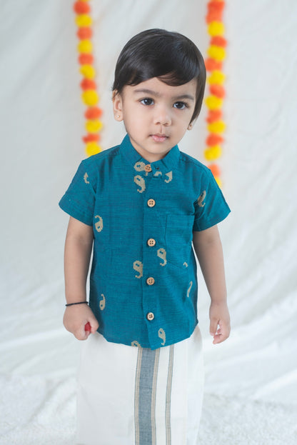 Teal Green Shirt + Green Mayilkann Veshti Set