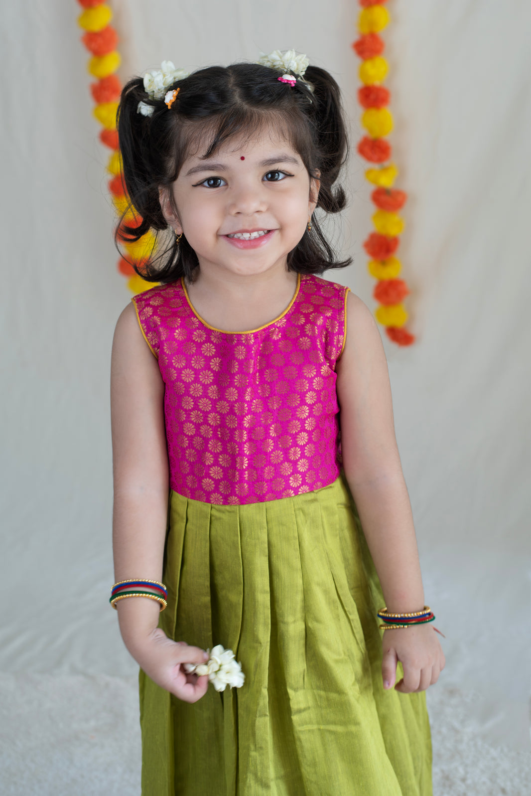 Parrot Green & Pink Silk Cotton Dress