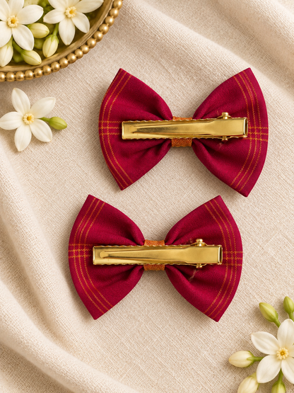 Ethnic Pink Checks Bow Clips ( 1 Pair )