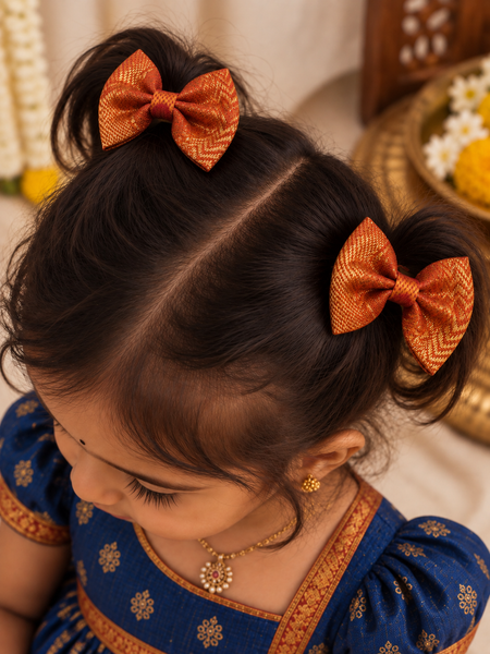Ethnic Orange Gold Bow Clips ( 1 Pair )