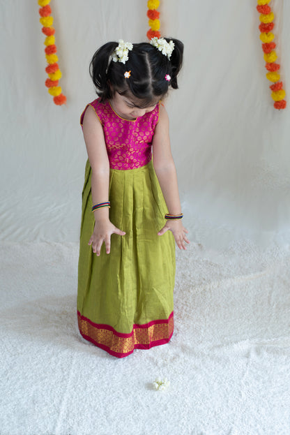 Parrot Green & Pink Silk Cotton Dress