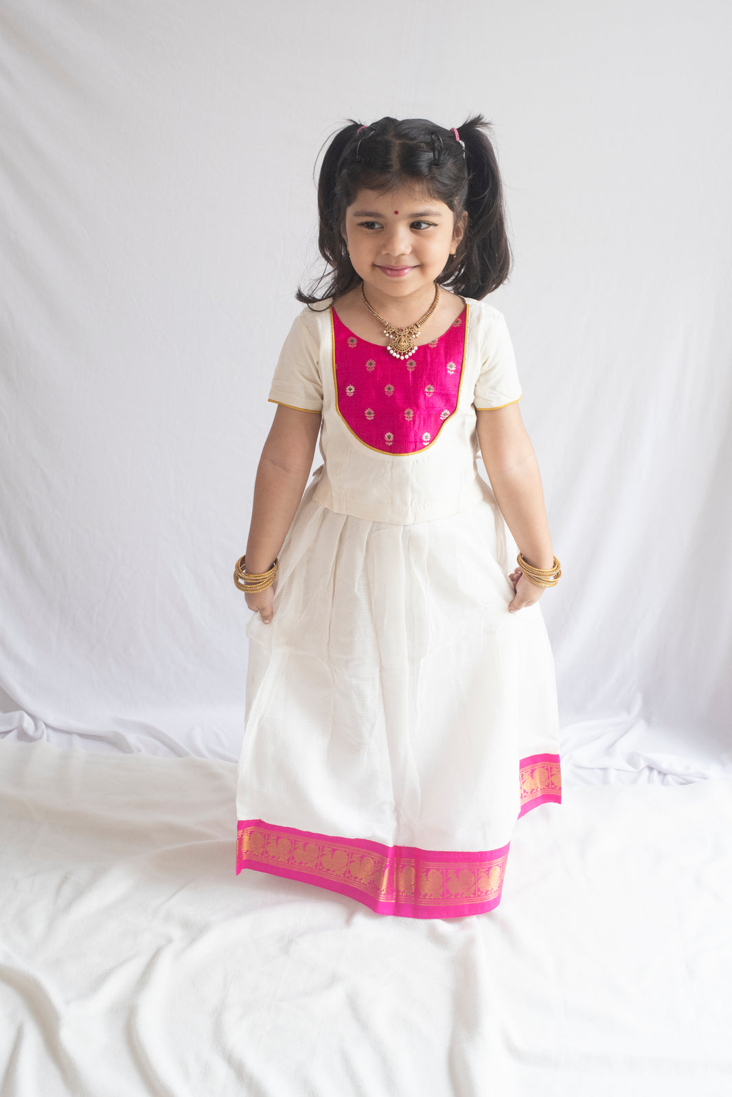 Hamsavahini Pattu Pavadai | Ivory & Rani Pink
