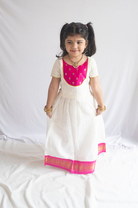 Hamsavahini Pattu Pavadai | Ivory & Rani Pink