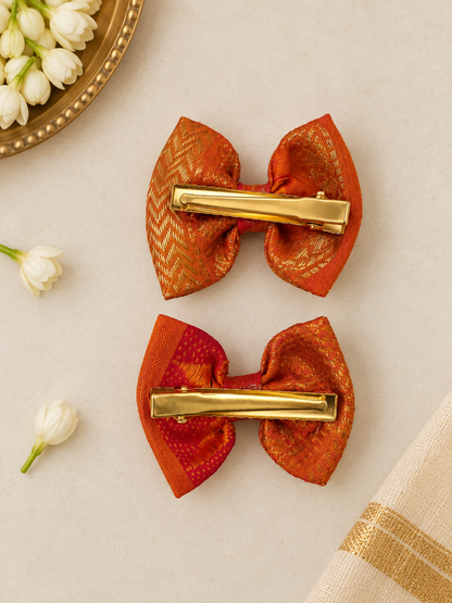Ethnic Orange Gold Bow Clips ( 1 Pair )