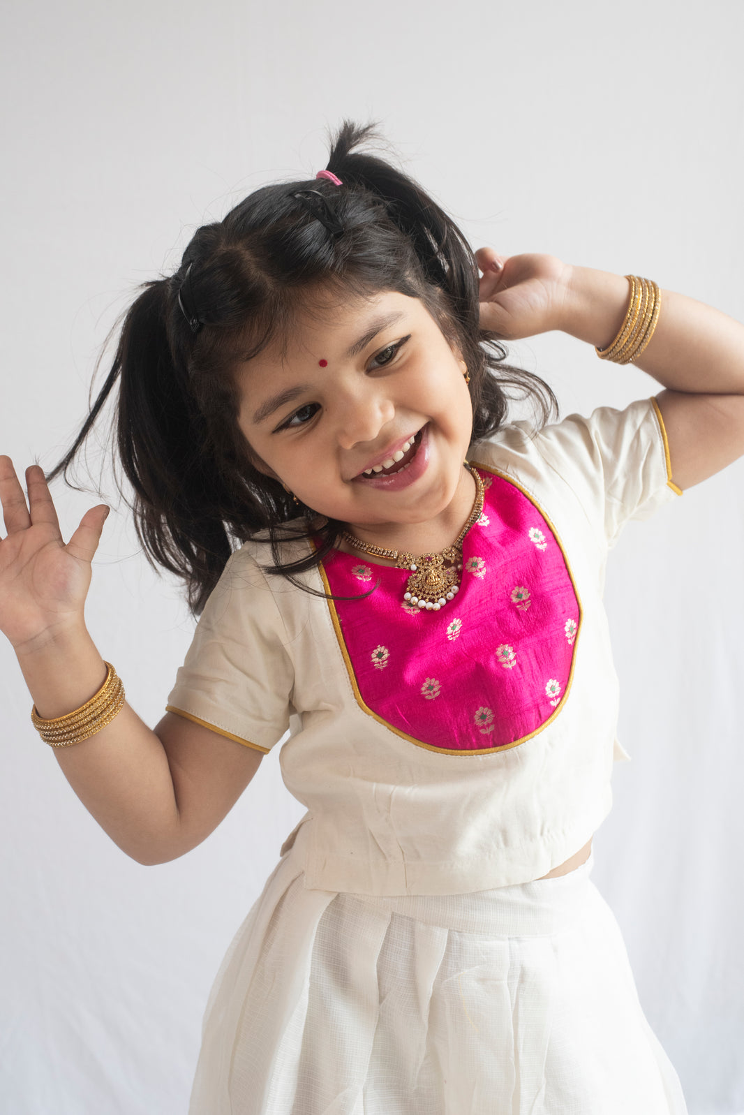 Hamsavahini Pattu Pavadai | Ivory & Rani Pink