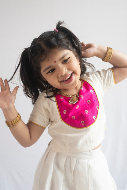 Hamsavahini Pattu Pavadai | Ivory & Rani Pink