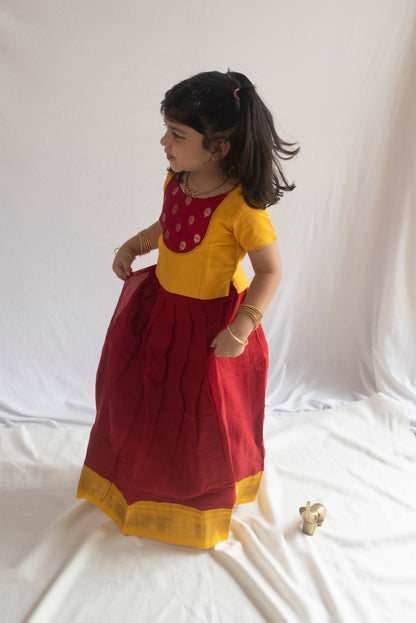 Katyayani Pattu Pavadai | Deep Red and Mango Yellow