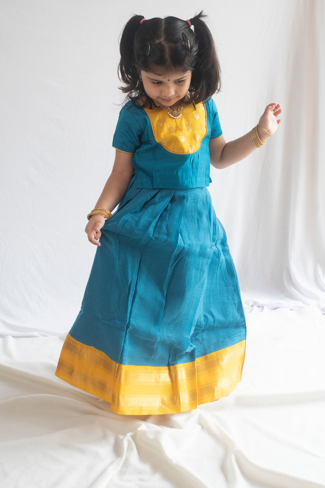 Narayani Pattu Pavadai | Teal Blue & Gold