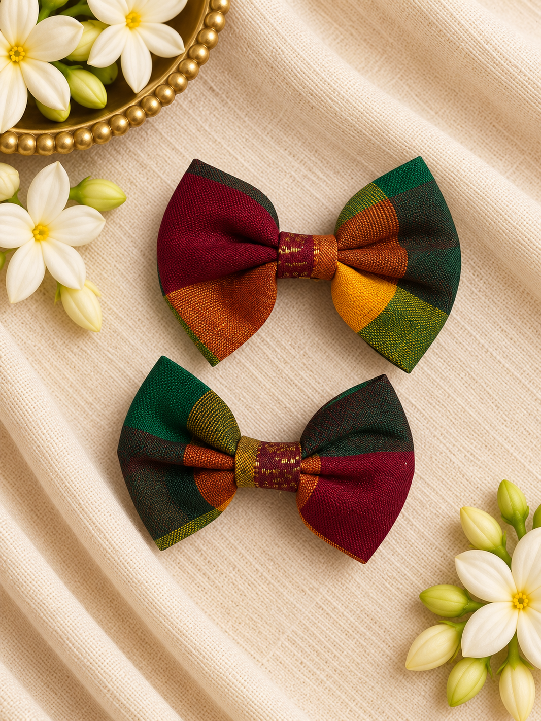 Ethnic Paalum Pazham (Without  Zari) Bow Clips ( 1 Pair )
