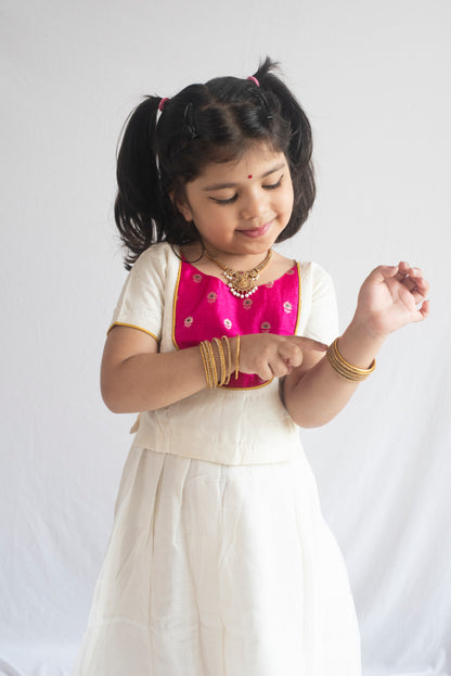 Hamsavahini Pattu Pavadai | Ivory & Rani Pink