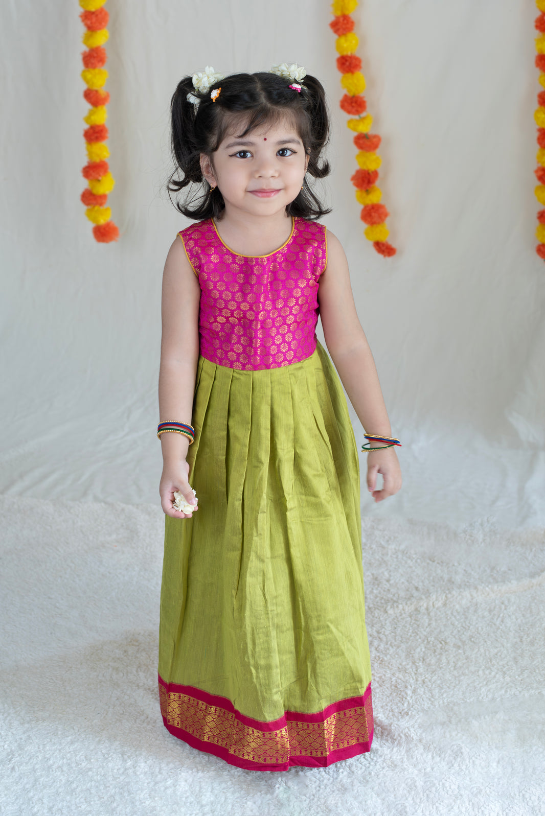 Parrot Green & Pink Silk Cotton Dress