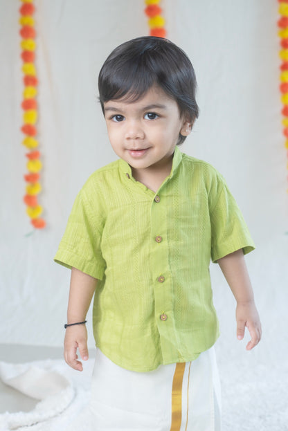 Green Shirt + Cream Veshti Set