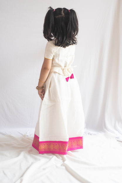 Hamsavahini Pattu Pavadai | Ivory & Rani Pink