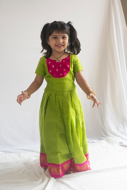 Padmakshi Pattu Pavadai | Lime Green & Rani Pink