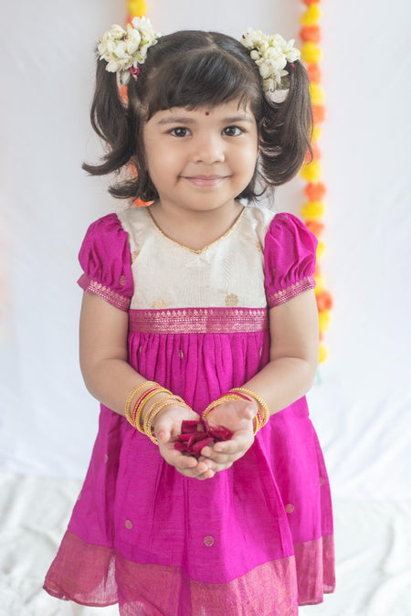 Magenta Pink & Cream Silk Cotton Dress
