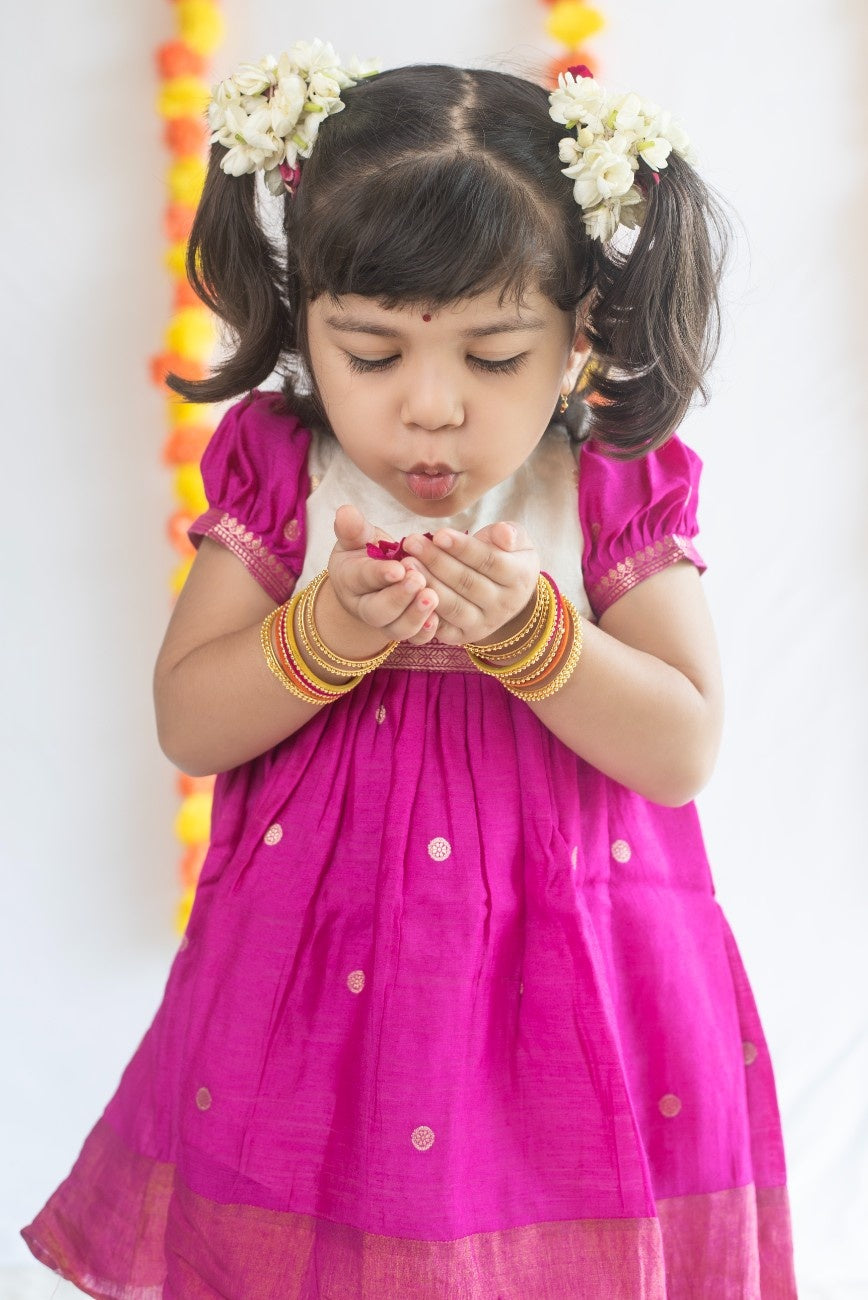 Magenta Pink & Cream Silk Cotton Dress