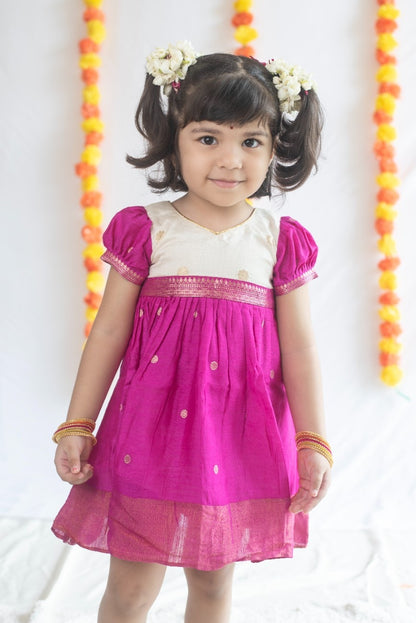 Magenta Pink & Cream Silk Cotton Dress