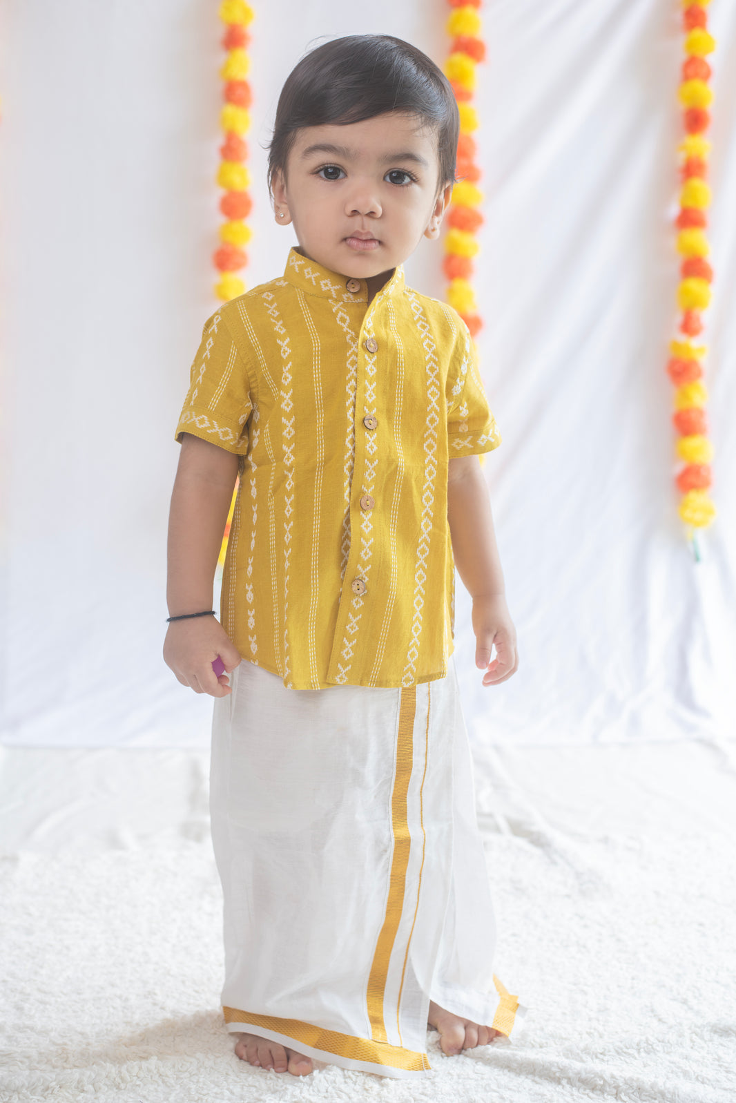 Yellow Shirt + Cream Veshti Set