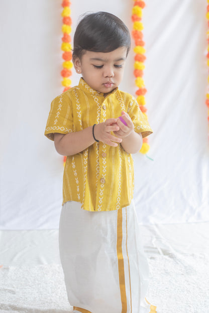 Yellow Shirt + Cream Veshti Set