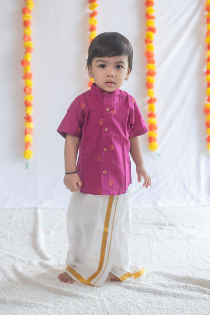 Magenta Shirt + Cream Veshti Set