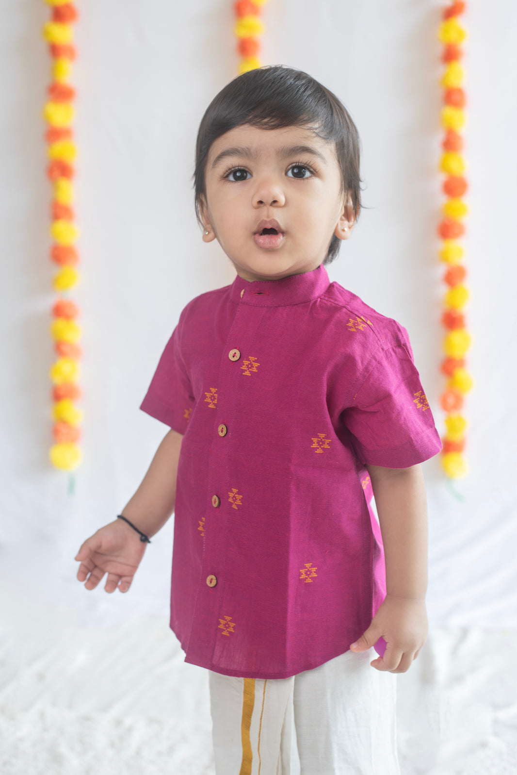 Magenta Shirt + Cream Veshti Set