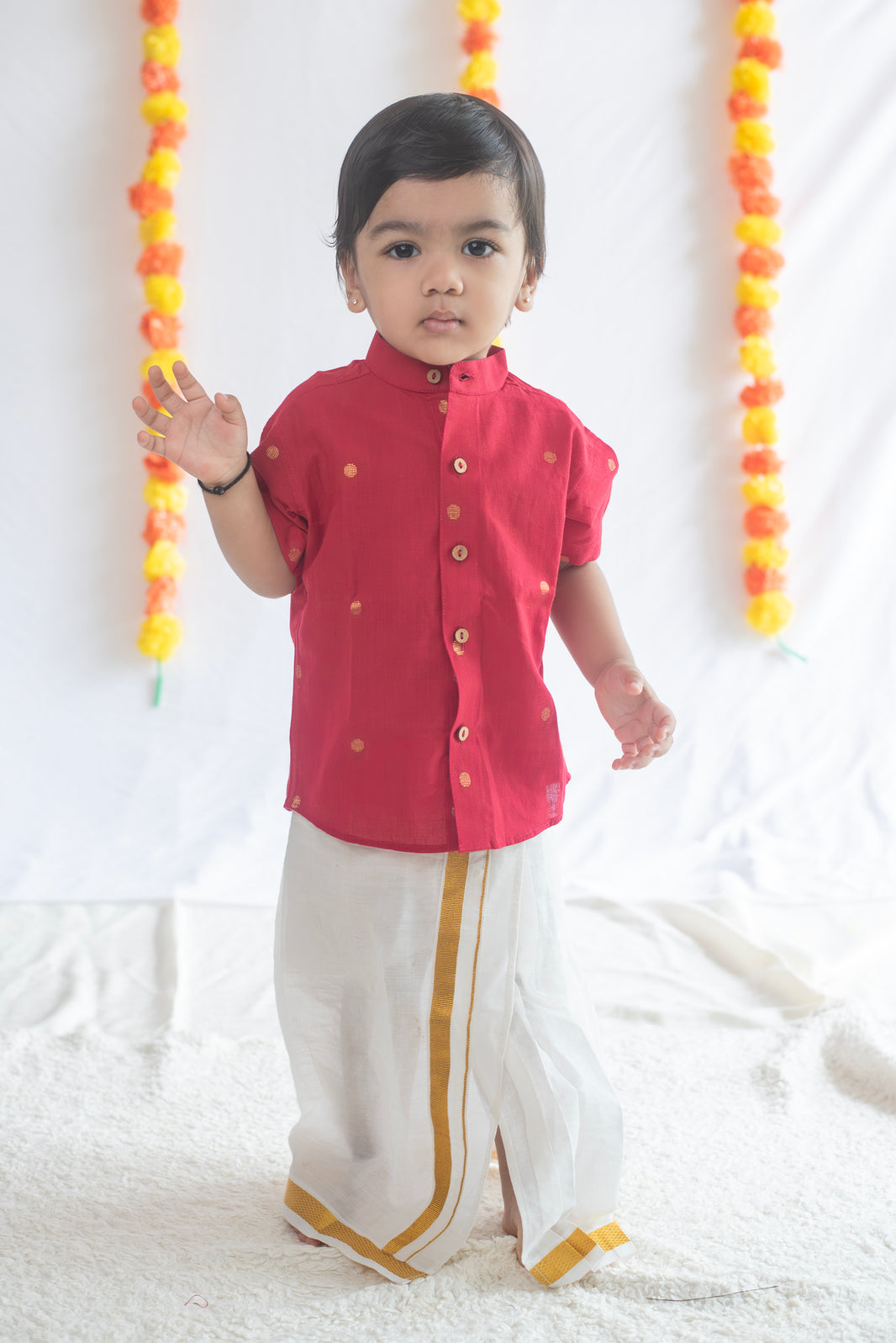 Red Butta Shirt + Cream Veshti Set