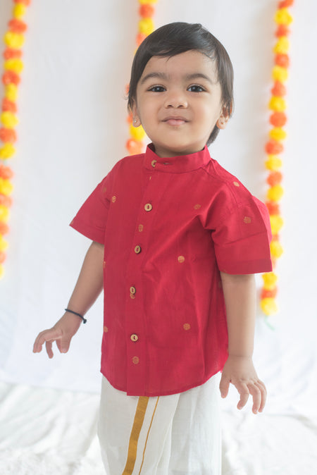 Red Butta Shirt + Cream Veshti Set