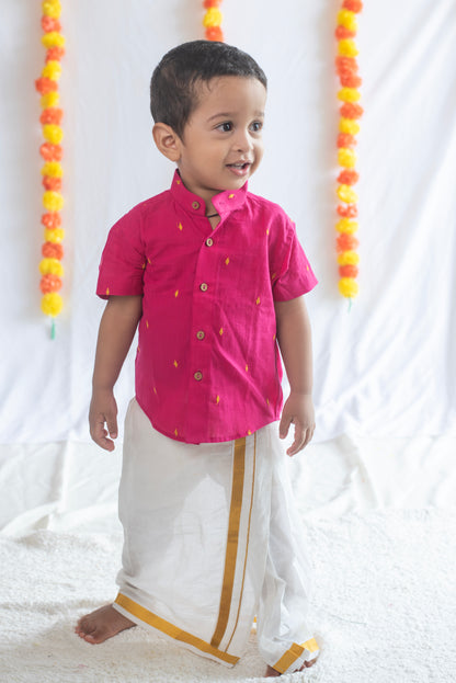 Pink Shirt + Cream Veshti Set