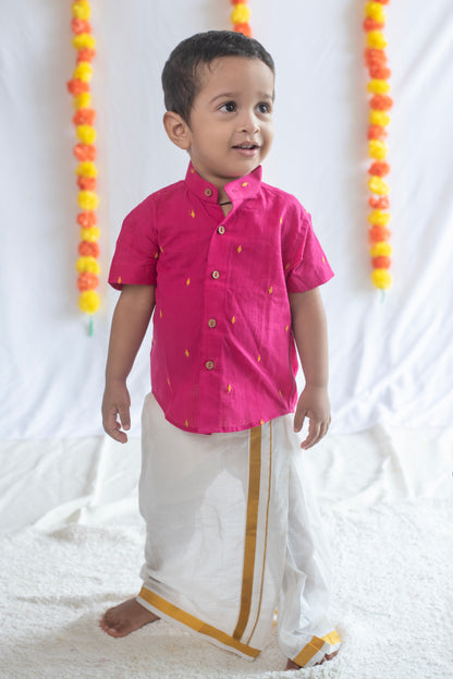 Pink Shirt + Cream Veshti Set