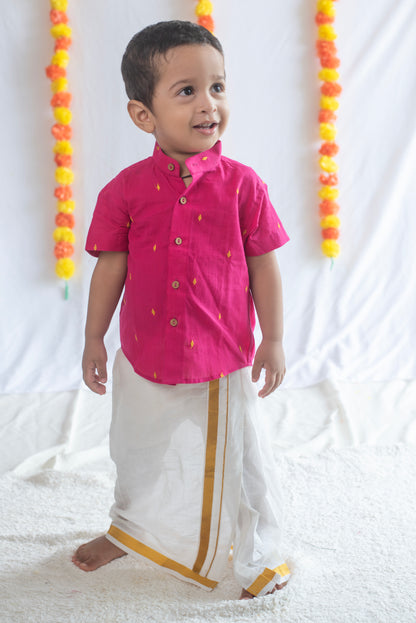 Pink Shirt + Cream Veshti Set