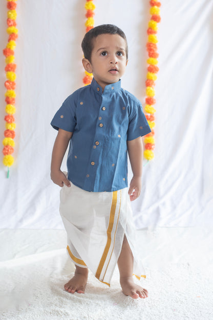 Blue Butta Shirt + Cream Veshti Set